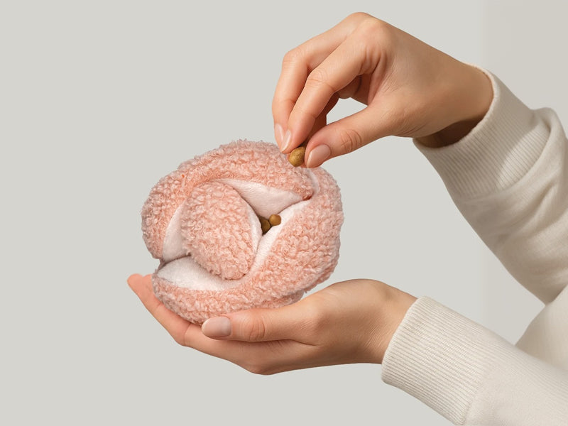 Pet parent placing treats inside the Glory To Dog Snuffle Knot toy