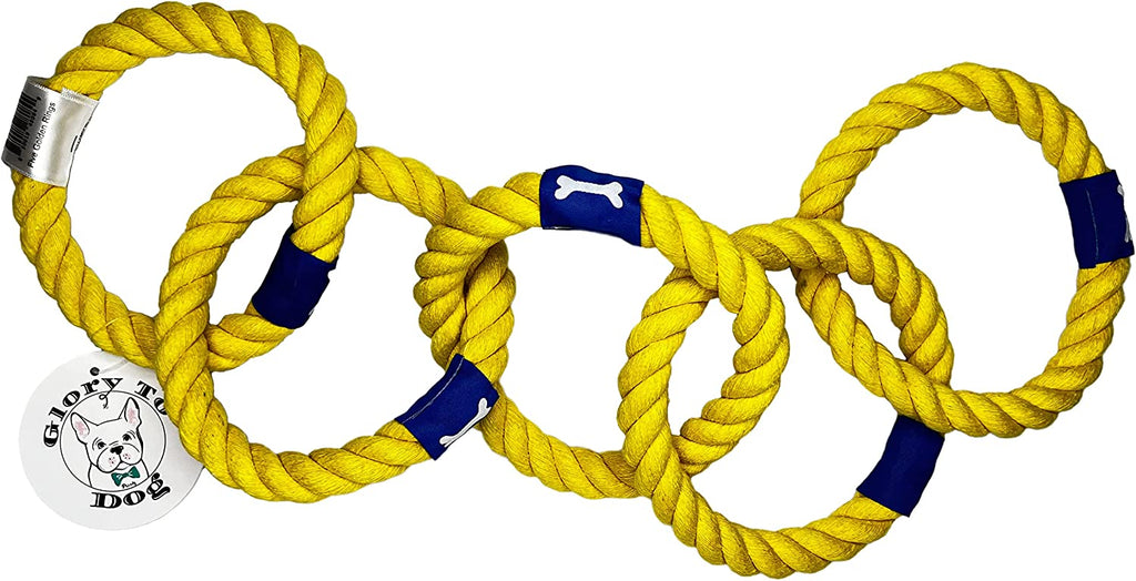 a picture of our "Five Golden Rings" Christmas dog chew toy which the rings interlocking. Yellow rope is strong and durable but will fray slightly on repeated dog chewing.